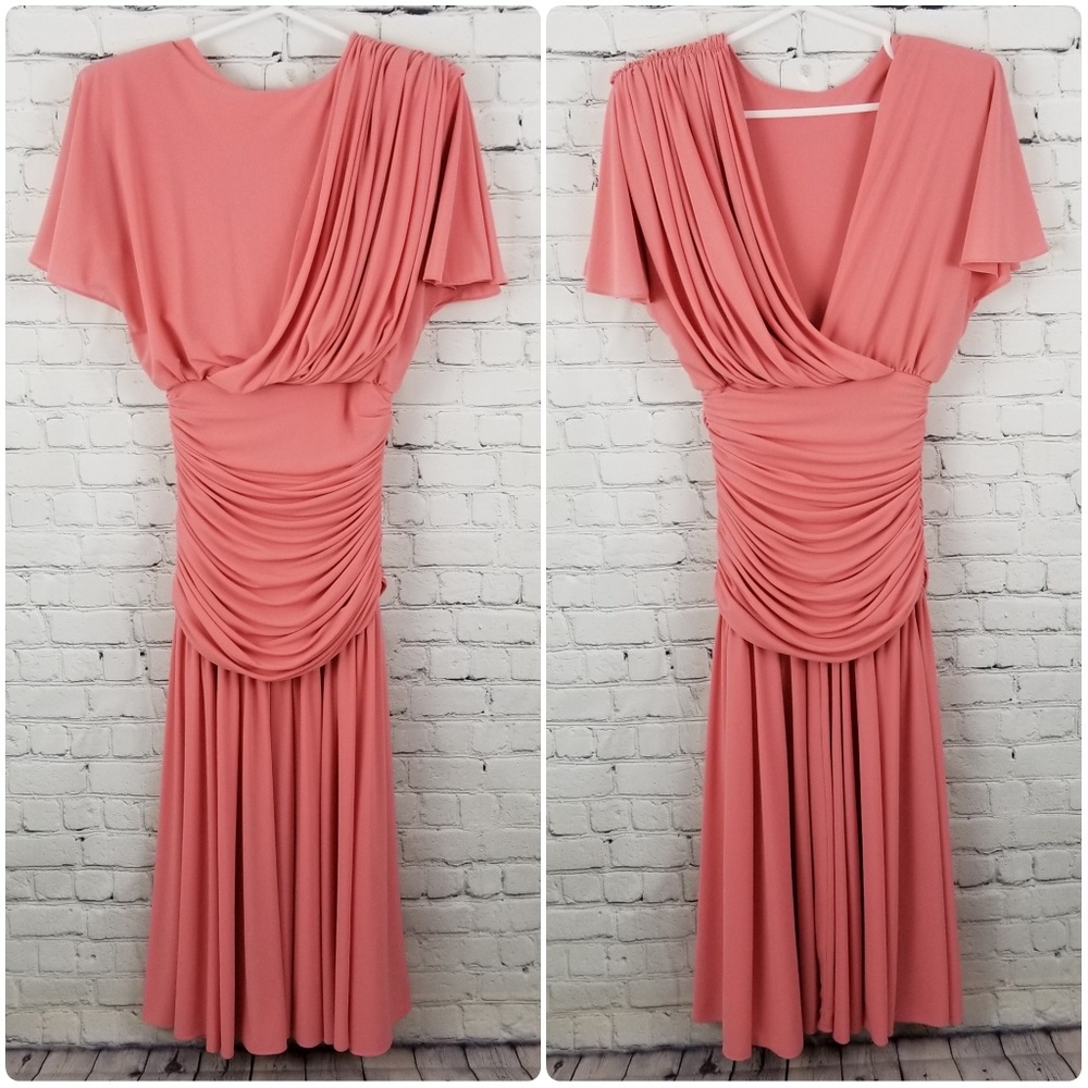 Vintage Coral Pink Draped Midi Dress